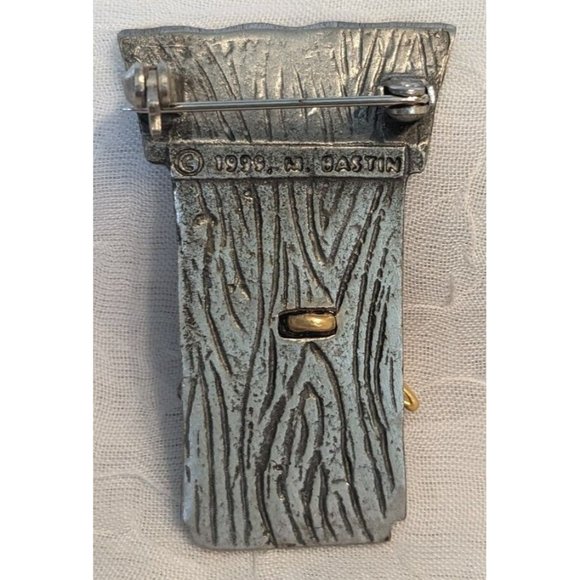 M. Bastin Birdhouse Signed Brooch Pinback Pewter Vtg 1999 Gold Tone Lapel Nature - Picture 2 of 12